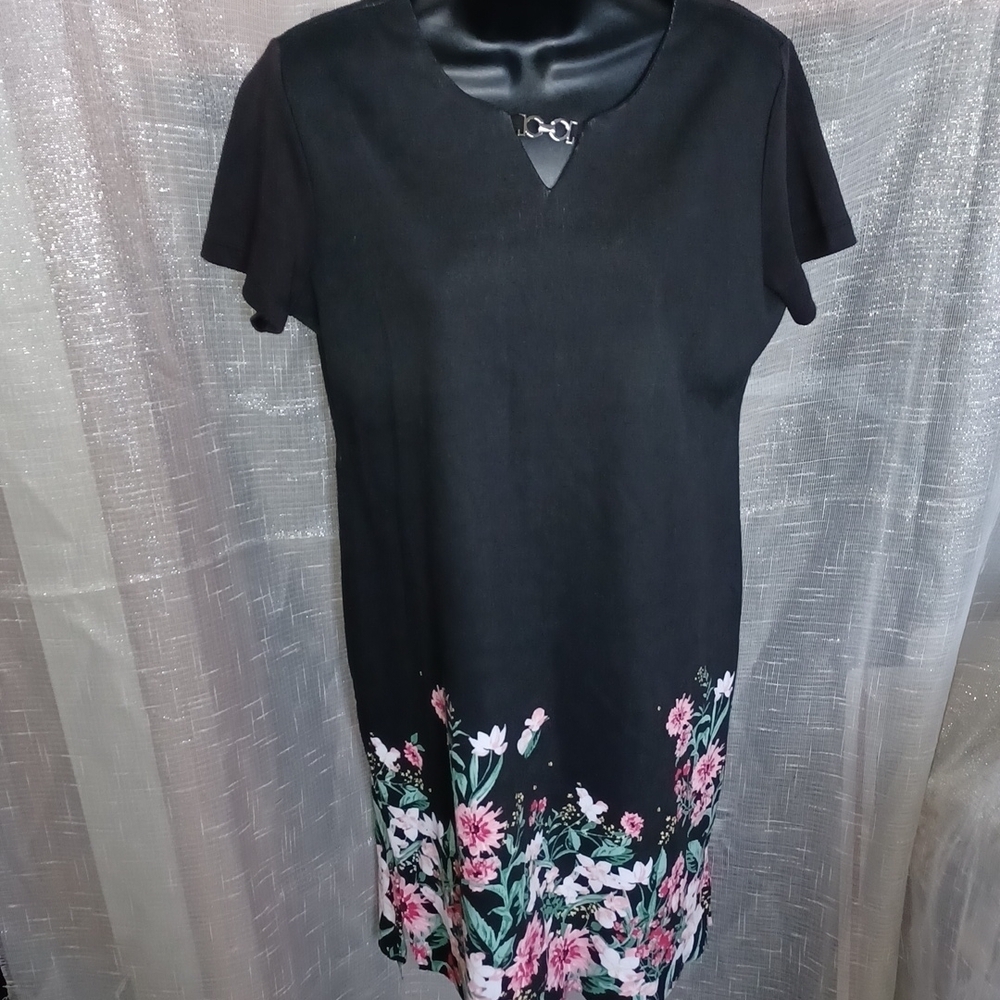 Karen Scott Sport Black Dress Pink Floral Print,  Sz S